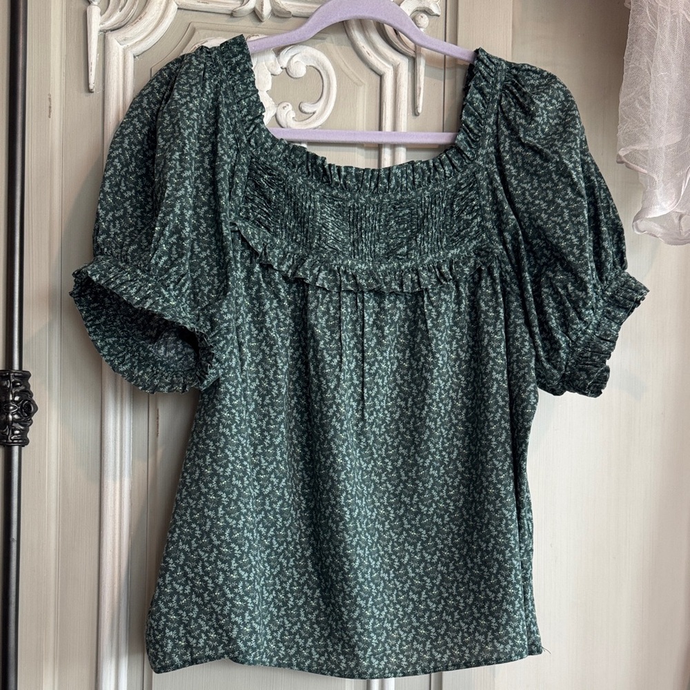 DOÉN “FRANCIS” 🌿 Babydoll Blouse, Green leaf botanical print, XL